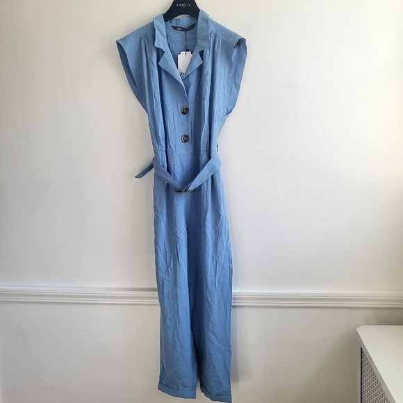 New Zara Soft Belted Blue Jumpsuit NWT Size Small - Picture 5 of 12